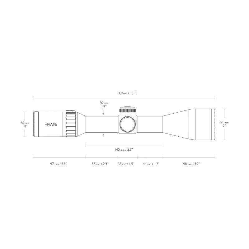 Hawke Endurance 30 FD 2-12x50 Riflescope Dimensions