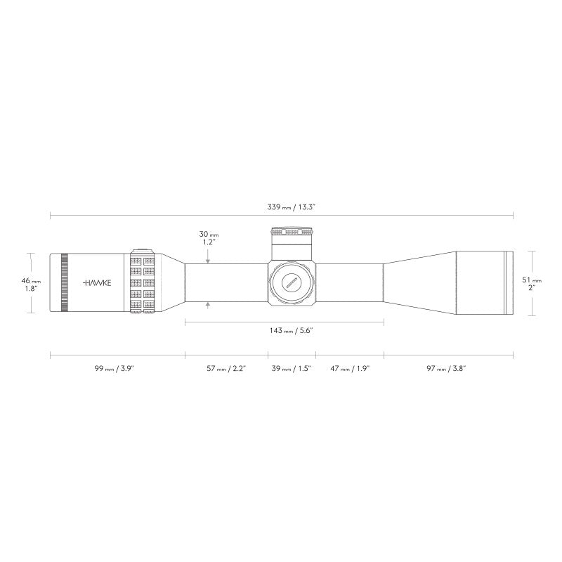 Hawke Sidewinder 30 4.5-14x44 SFP Riflescope Dimensions