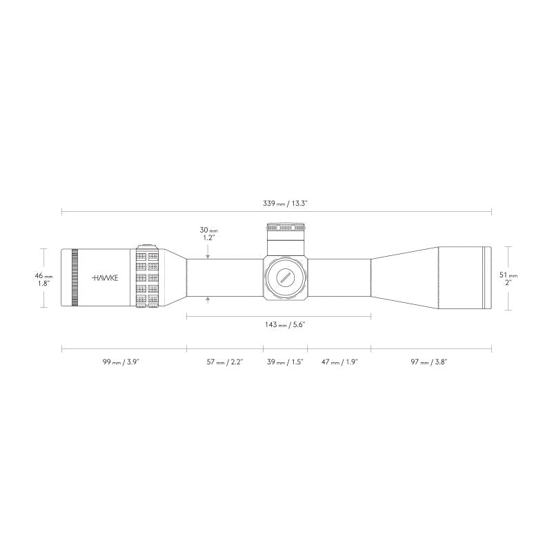 Hawke Sidewinder 30 6.5-20x44 SFP Riflescope Dimensions