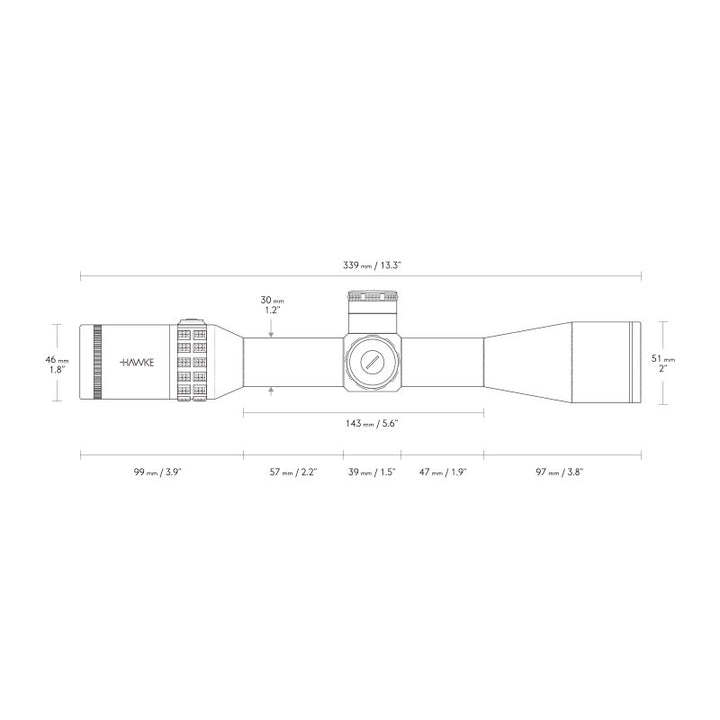 Hawke Sidewinder 30 6.5-20x44 SFP Riflescope Dimensions