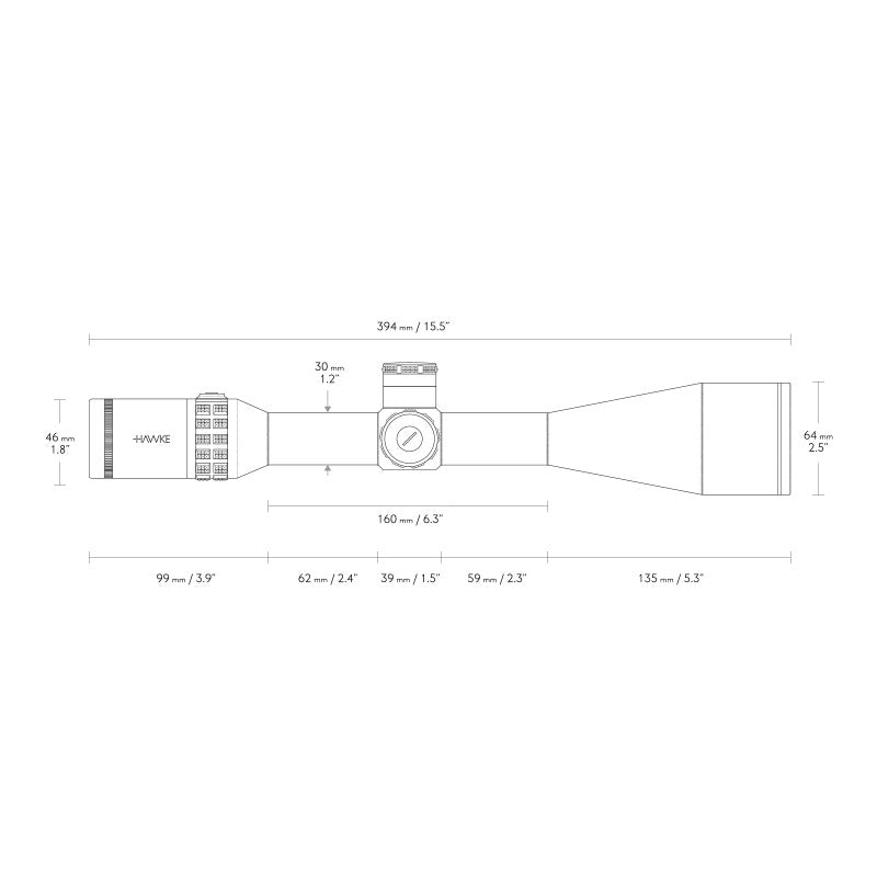 Hawke Sidewinder 30 8-32x56 SFP Riflescope Dimensions