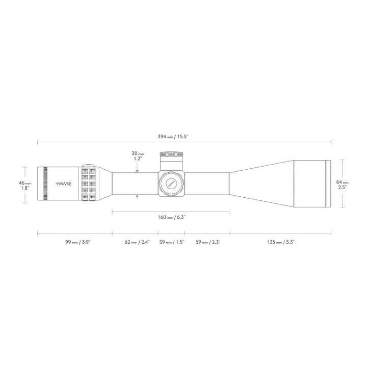 Hawke Sidewinder 30 8-32x56 SFP Riflescope Dimensions