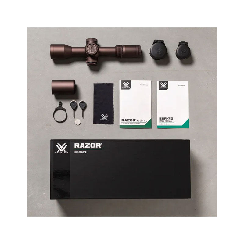 Vortex Razor HD Gen III 4-24x44 FFP Riflescope (EBR-7D MOA or MRAD) in the box