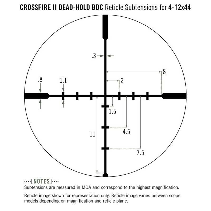Vortex Crossfire II 4-12x44 Riflescope Dead-Hold BDC Reticle subtensions